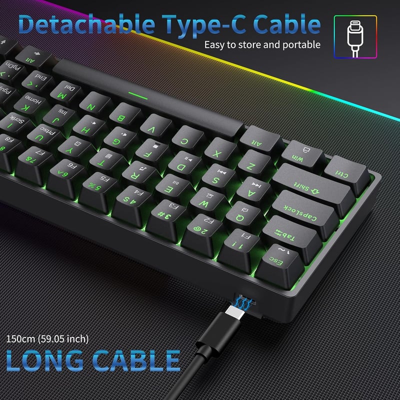 Dierya DK61se Mechanikus Gamer Billentyűzet, 60% Kompakt, 61 Gombos, Kék Kapcsolós, Anti-Ghosting, USB-C, Kék Háttérvilágítás, Windows Kompa