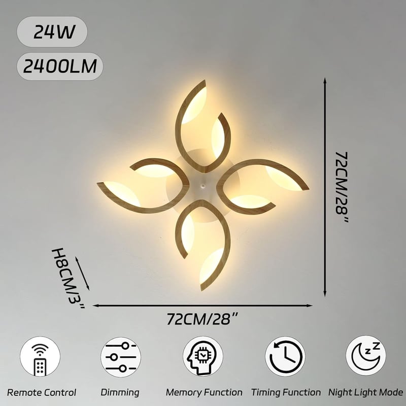 BOBOPAI Virág Mintás LED Mennyezeti Lámpa 24W - Távirányítós, Fényerőszabályozós Fa Lámpatest, Időzítővel és Éjszakai Fénnyel, 2400 lm, Mode
