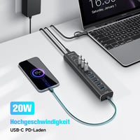 RSHTECH 11-Portos USB C 3.2 Hub Aktív Tápellátással - 60W, 10Gbps Adatátvitel, 3 USB-C és 8 USB-A Port, Alumínium, Fekete - A11PD 5