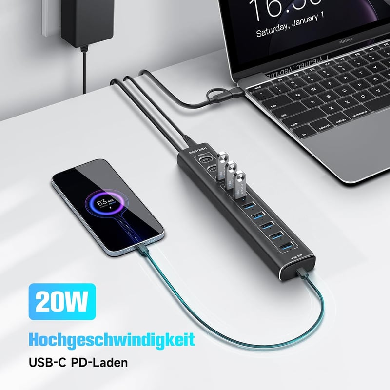 RSHTECH 11-Portos USB C 3.2 Hub Aktív Tápellátással - 60W, 10Gbps Adatátvitel, 3 USB-C és 8 USB-A Port, Alumínium, Fekete - A11PD