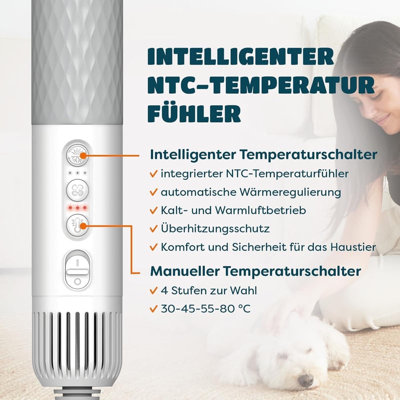 KUUBIA 5 az 1-ben Kisállat Hajszárító 900W - Kutyáknak és Macskáknak, Negatív Ion Technológiával, Hőmérséklet Szabályozással, 4 Fejjel, Mind