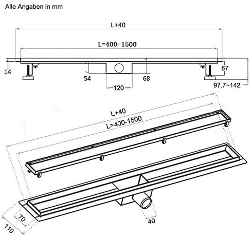 HAPAOSO Rejtett Zuhanyfolyóka 570x155x80mm Szifon Légfrissítővel és Hajszűrővel Ezüst Színű 2in1 Zuhanylefolyó