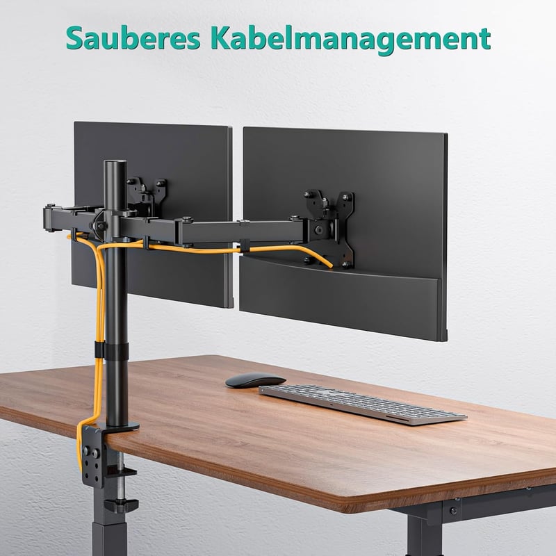 WALI Kettős Monitortartó Állvány - Állítható, 27"-ig, 10kg Teherbírás, 360° Forgatható, Dönthető, Asztali Rögzítés, Fekete (WL-M002)