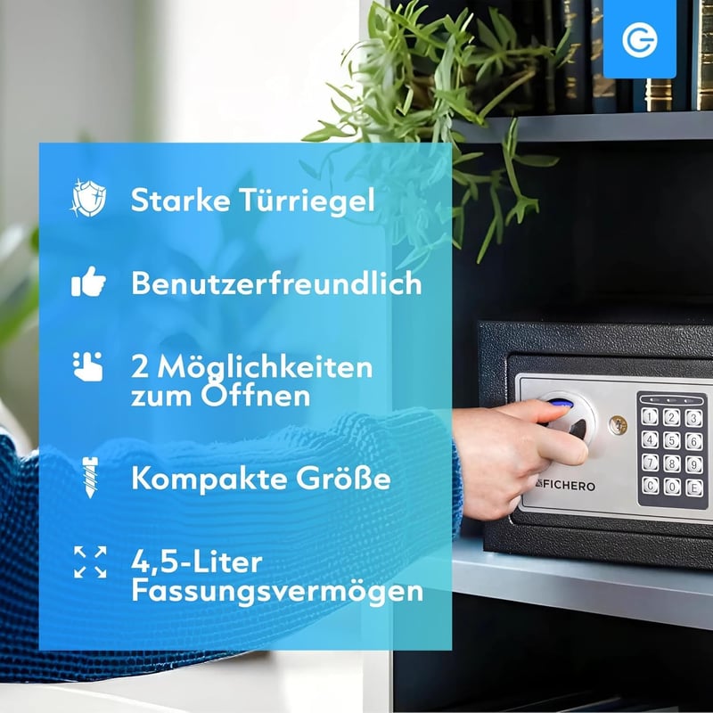 Silvergear Elektronikus Széf Otthonra - 3-8 Számjegyű Kóddal, 2 Kulccsal, Tűzálló Acél Páncélszekrény Pénz és Ékszer Biztonságos Tárolására,