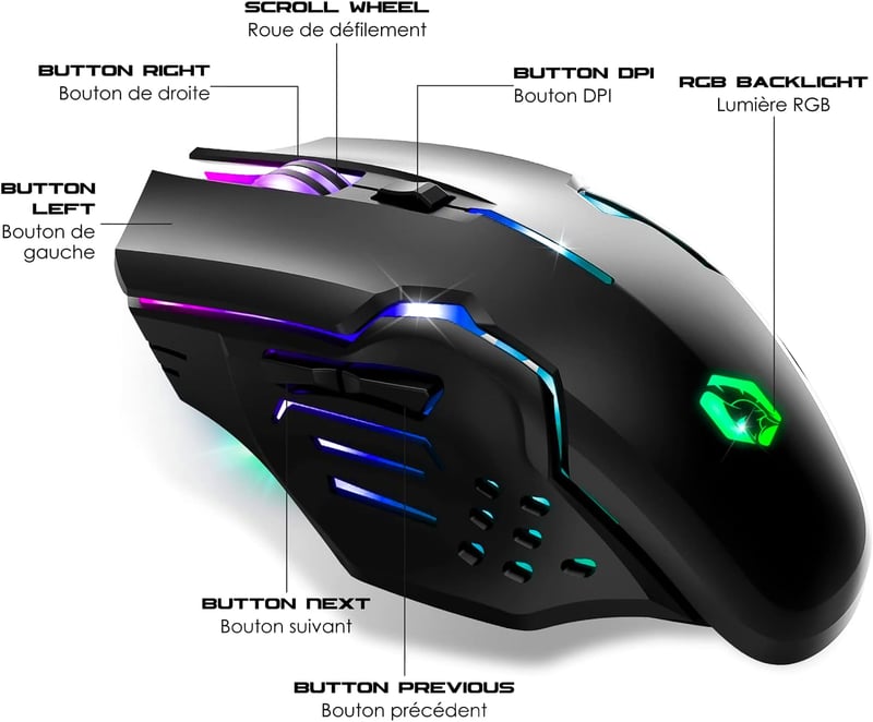 EMPIRE GAMING RF903 Vezeték Nélküli Gaming Egér 2.4GHz Újratölthető RGB LED Háttérvilágítás 4800 DPI PC PS4 PS5 Xbox Fekete