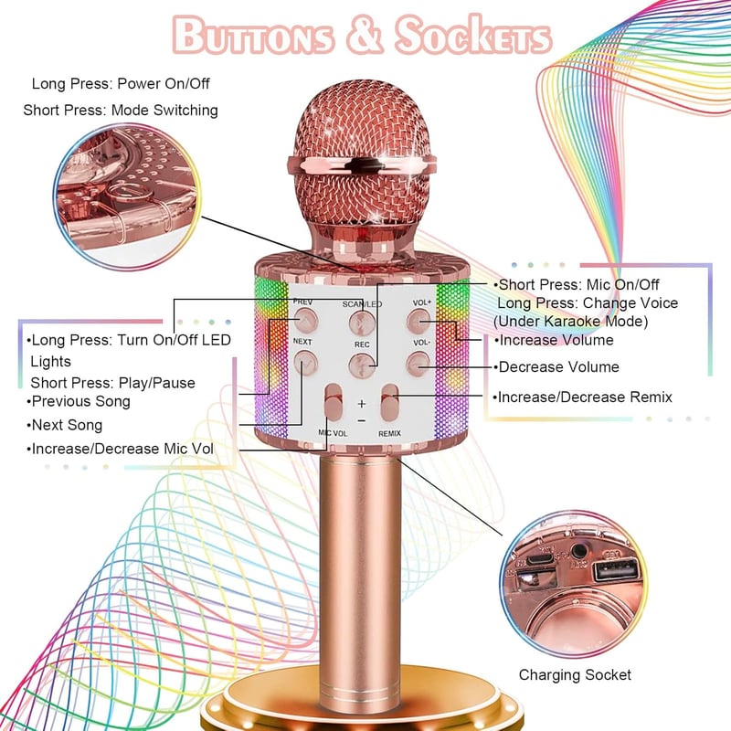 Karaoke Bluetooth mikrofon LED fényekkel, 2 db-os szett, 10 védőhuzattal