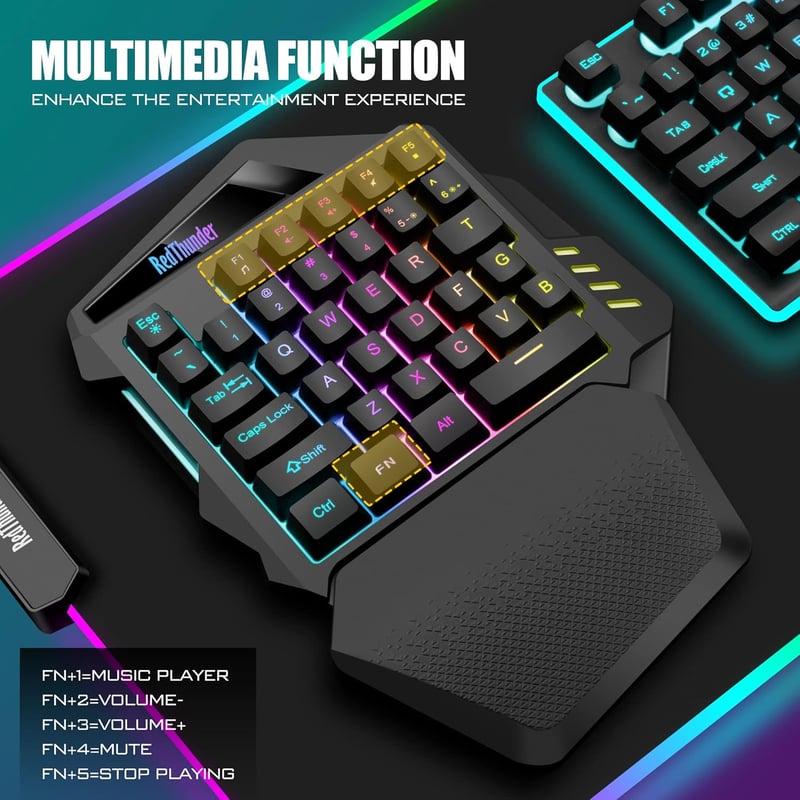 RedThunder G60 Vezeték Nélküli Egykezi Gamer Billentyűzet, 2000 mAh Akkumulátor, RGB Háttérvilágítás, Ergonomikus, PC/Mac/PS5 Kompatibilis - Wireless