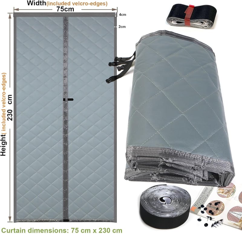 Risareyi Mágneses Hőszigetelő Ajtófüggöny 75x230cm - Szürke PU Bőr,  Meleg és Hideg Elleni Védelem