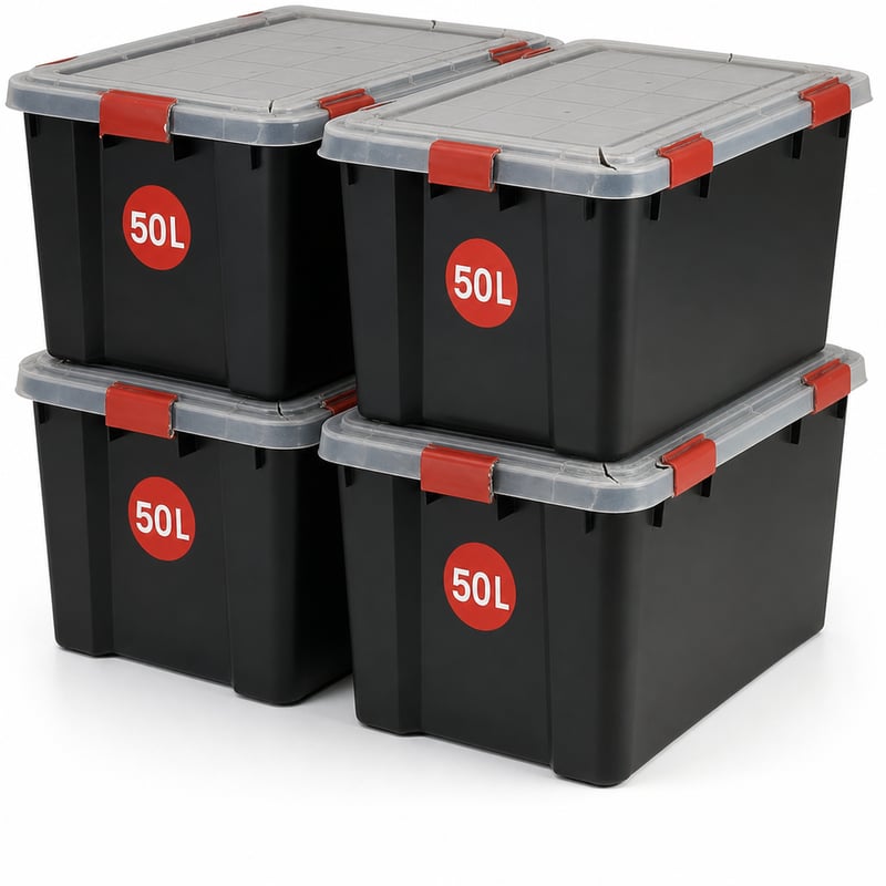 Set 4 cutii de depozitare ermetice Iris Ohyama AT-L, 50L, negru — defect, funcționalitate parțială: capac și garnitură de etanșare deteriorate (stare: vezi imaginea 2)