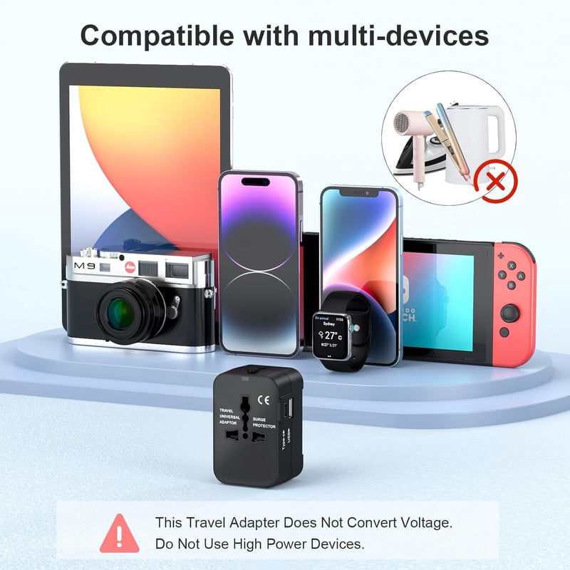 Amoner Univerzális Utazási Adapter USB-C és USB-A Portokkal - Nemzetközi Konverter Amerikai, Olasz, Angol, Japán, Francia Konnektorokhoz