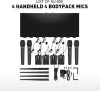 D Debra Audio AU800 Pro UHF 8 csatornás vezeték nélküli mikrofon rendszer, 4 kézi mikrofon és 4 testcsipesz, fém vevőegység karaokéhoz, rend 9