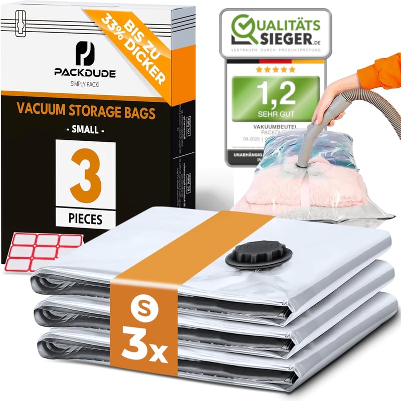 PACKDUDE Vákuumzsák Ruhákhoz 60x40 cm - 3 db Kis Méretű, Strapabíró Tároló Tasak Szeleppel, Utazáshoz és Helytakarékos Tároláshoz