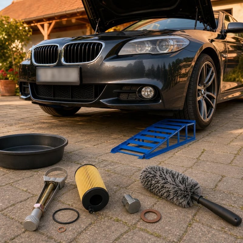Pachet mentenanță BMW: cheie filtru + filtru ulei + șurub golire + rampă + perie jante