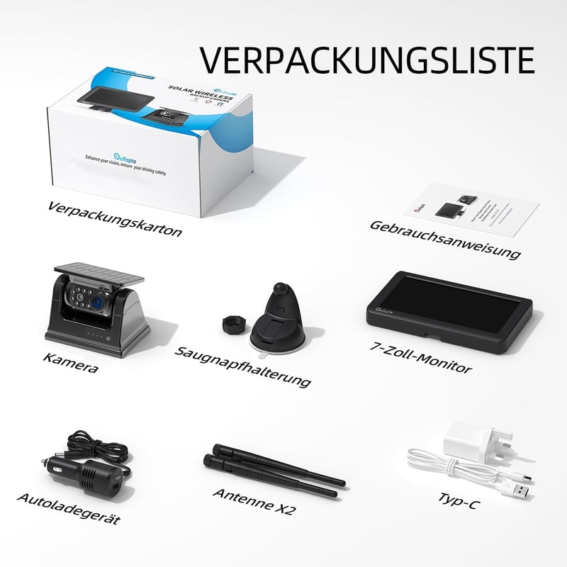 eRapta Mágneses Napelemes Tolatókamera 7" 1080P Monitorral - 9600 mAh Akkumulátor, 1 Perces Telepítés, IP69K Vízálló, 150° Látószög

AI: I'v