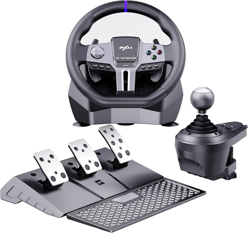PXN V9 GEN2 Versenykormány PC-hez Pedálokkal és Váltóval - Hall-effekt Pedál, RGB Világítás, 270°/900° Állítható - PS4, PS3, Xbox Series X/S