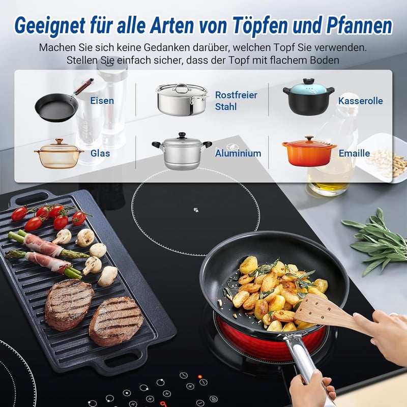 AMZCHEF Beépíthető Üvegkerámia Főzőlap 77 cm - 5 Zónás, Ovális és Tripla Főzőfelülettel, 9 Teljesítményszinttel, Időzítővel, Biztonsági Zárral
