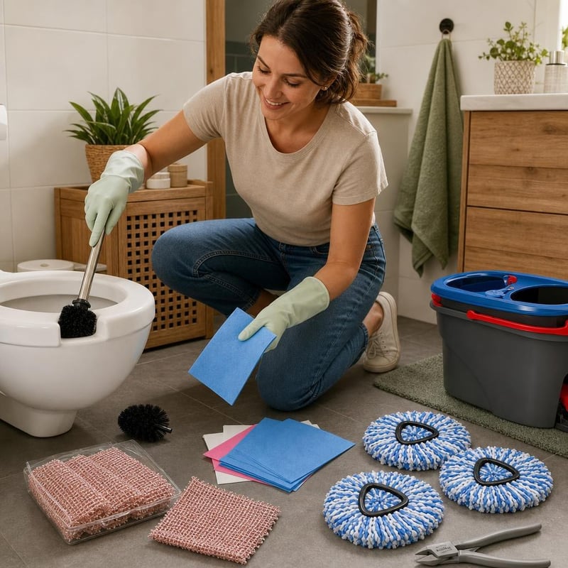 Set za čišćenje kupaonice: WC četka + 4 krpe + 30 spužvica + mop + alat + 12 pari rukavica