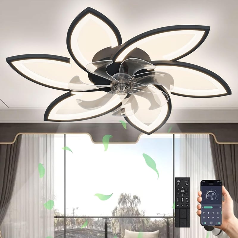 Revneey LED Mennyezeti Ventilátor Lámpával - 66W Szabályozható Fényerő, 3000-6000K, 6 Fejes, Csendes, Fekete, Távirányítós, Nappali és Hálós