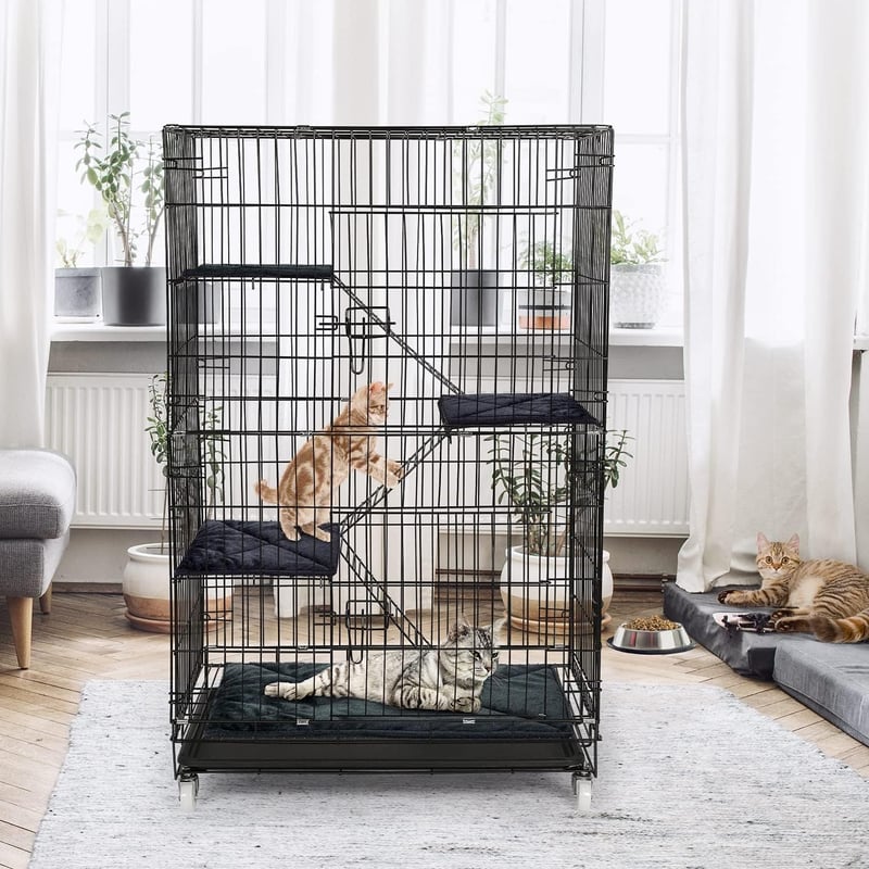 ybaymy Összecsukható Macskaketrec 4 Szintes - 90x55x125 cm Fém Ketrec 1-3 Macskának, 360° Forgatható Kerekekkel, Rámpával, Bel- és Kültéri