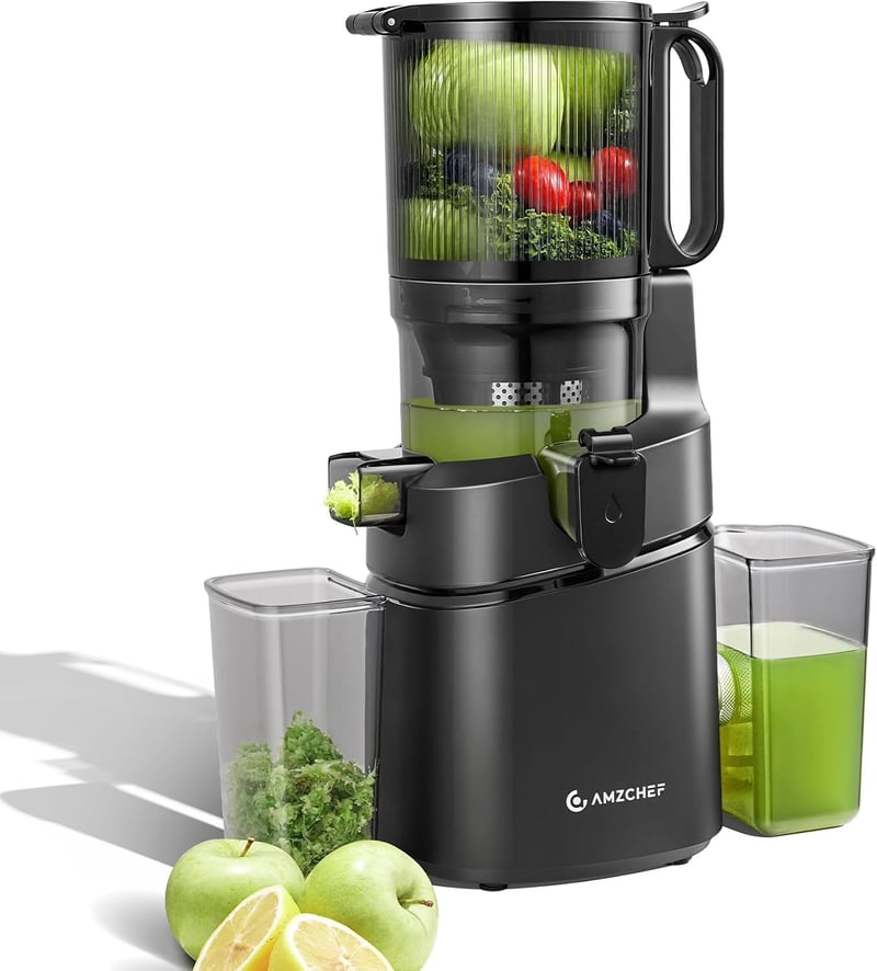 AMZCHEF 250W Automata Gyümölcsprés 1,8L Kapacitással - Széles 145mm Adagolónyílás, Hármas Szűrőrendszer, Hidegpréselés, Csendes Motor - Feke