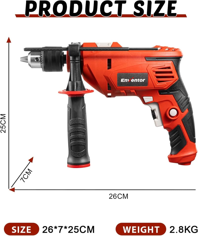 ENVENTOR 900W Ütvefúró, 2 az 1-ben Elektromos Fúró 36 Tartozékkal, 0-3000 RPM, 360° Forgatható Fogantyú, 13mm Tokmány, Betonhoz, Fémhez és F