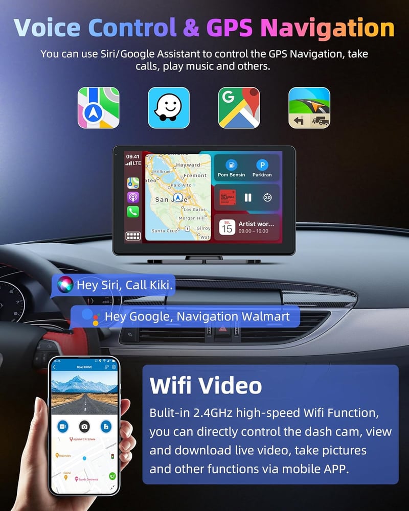 Jansite 4K Apple CarPlay Android Autós Kijelző 9" Vezeték Nélküli, Menetrögzítővel, Tolatókamerával, Bluetooth, Siri, 64GB TF Kártya Támogat