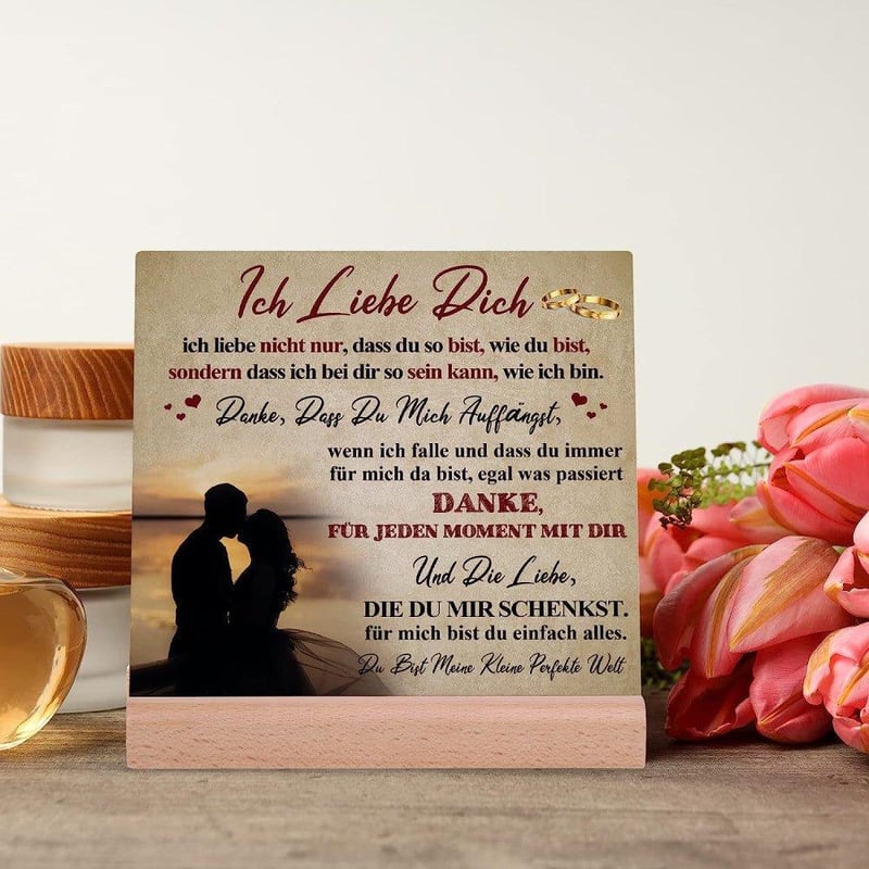 Romantikus "Ich Liebe Dich" Akril Asztali Dísz 10x10 cm - Német Feliratú Szerelmi Ajándék