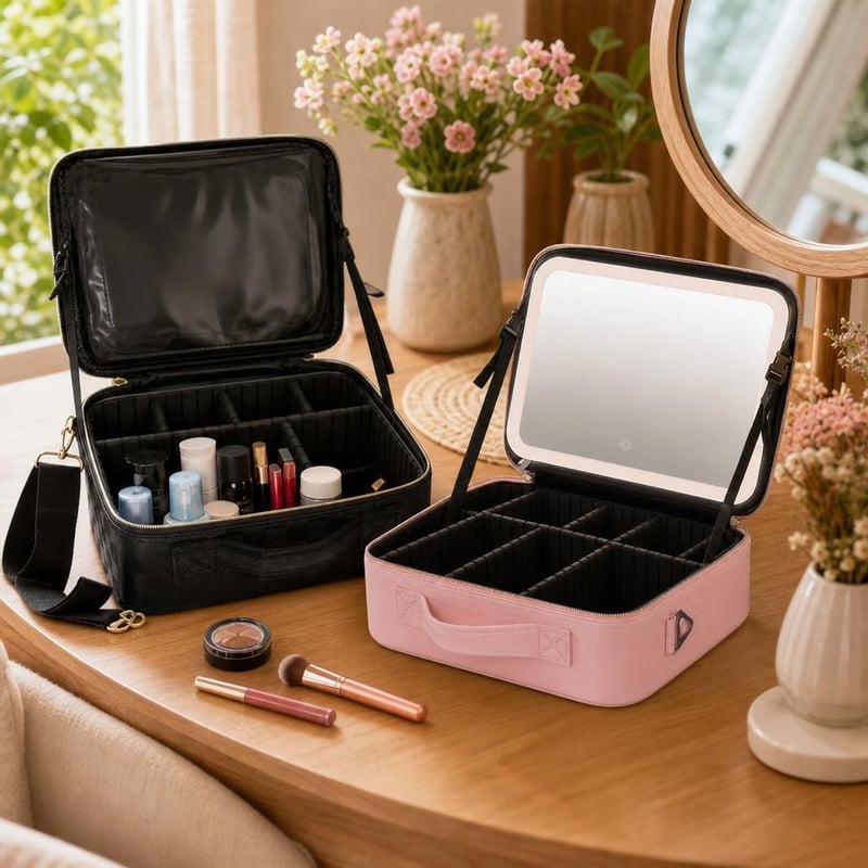 Set na líčenie Dream Organizer: 1x čierna kozmetická taška + 1x cestovný organizér s LED zrkadlom