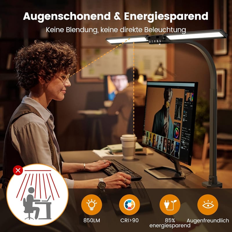 SIBRILLE RGB Dupla Fejes Asztali Lámpa - 22W LED, 80cm, Csíptethető, Távirányítós, Állítható Színhőmérséklet, Szemvédő Monitor Világítás
