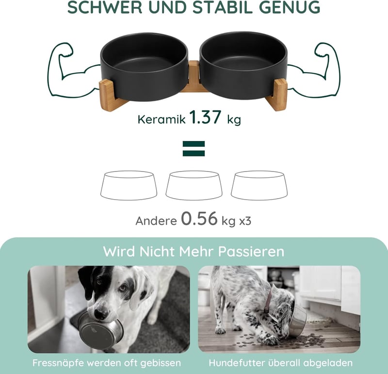 SPUNKYJUNKY Kerámia Dupla Etetőtál Bambusz Állvánnyal - 400ml Macskáknak és Kiskutyáknak - Biztonságos, Mérgezőanyag-mentes Etetőedény (Feke