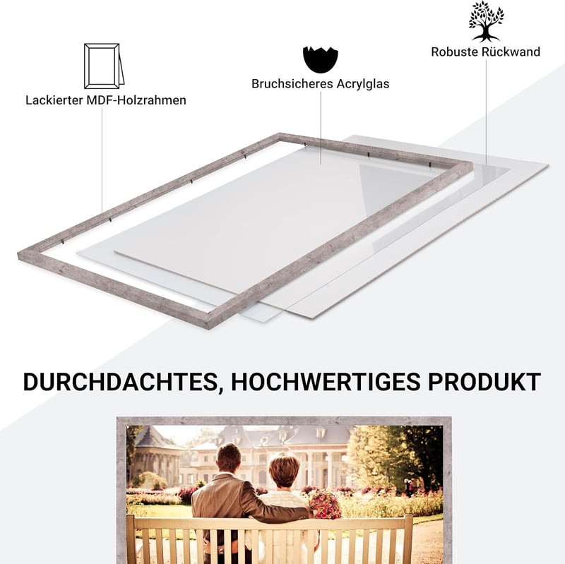 CABBEL 40 x 60 cm Szürke (Beton) MDF Képkeret Szett - 3 db Törhetetlen Plexi Üveggel, Modern Fotókhoz, Képekhez, Falra Akasztható