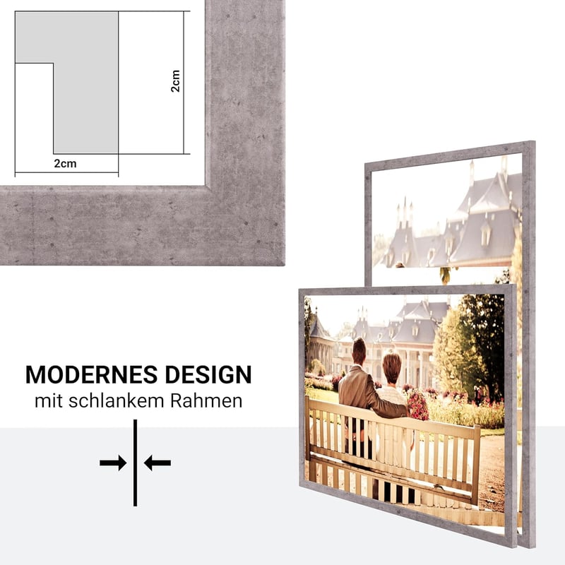 CABBEL 40 x 60 cm Szürke (Beton) MDF Képkeret Szett - 3 db Törhetetlen Plexi Üveggel, Modern Fotókhoz, Képekhez, Falra Akasztható