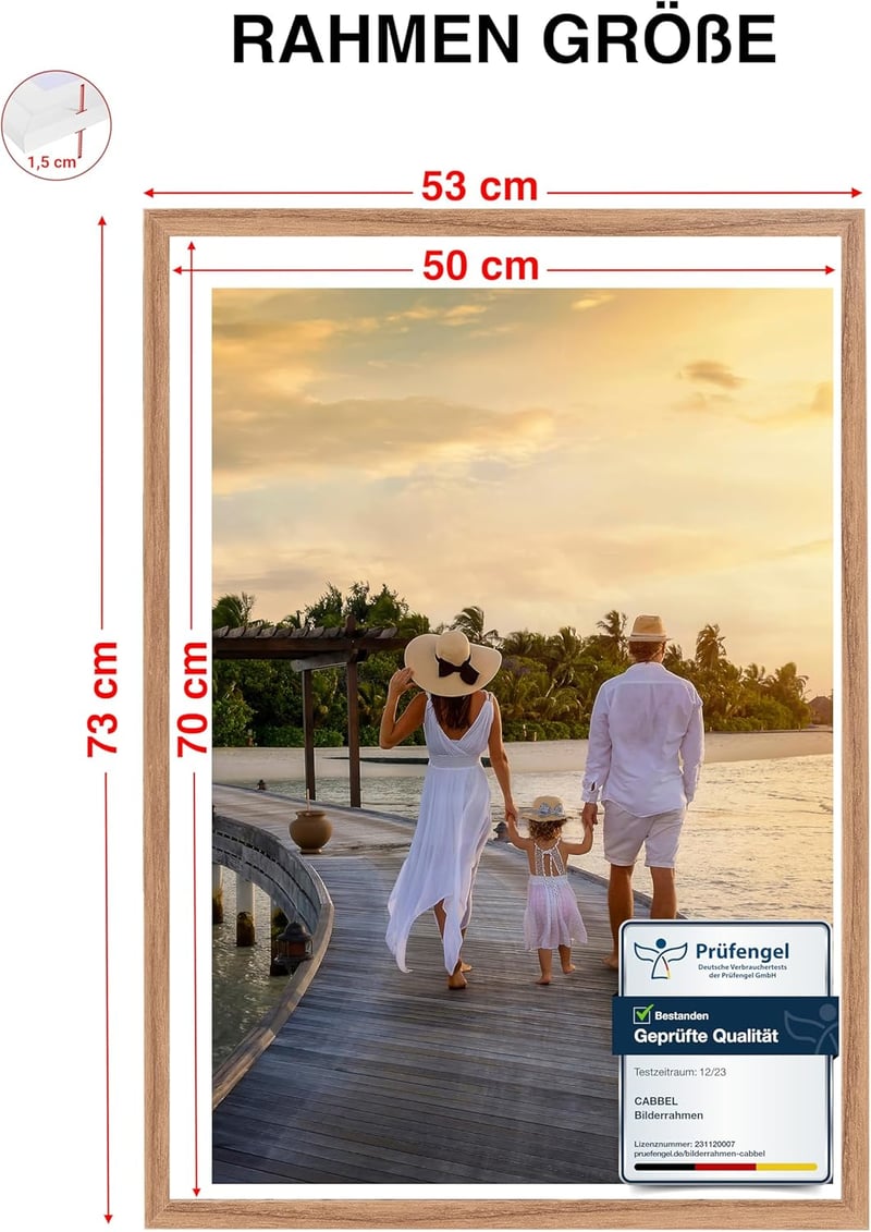 CABBEL 50 x 70 cm-es Tölgyfa Képkeret Szett - 2 db MDF Fa Poszterkerettel, Akrilüveggel, Falra Akasztható Fotókeret Puzzle, Poszter, Dokumen