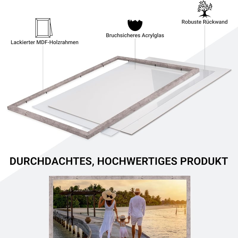 CABBEL Képkeret Szett - 2 db 50 x 70 cm-es Szürke (Beton) MDF Fa Keret Törhetetlen Akril Üveggel