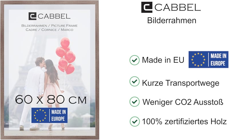 CABBEL Képkeret Szett - 2 db 60 x 80 cm-es Sötét Tölgy Fa Keret Poszterekhez, Dokumentumokhoz, Fotókhoz, Puzzle-höz, Akril Üveggel, Falra Ak