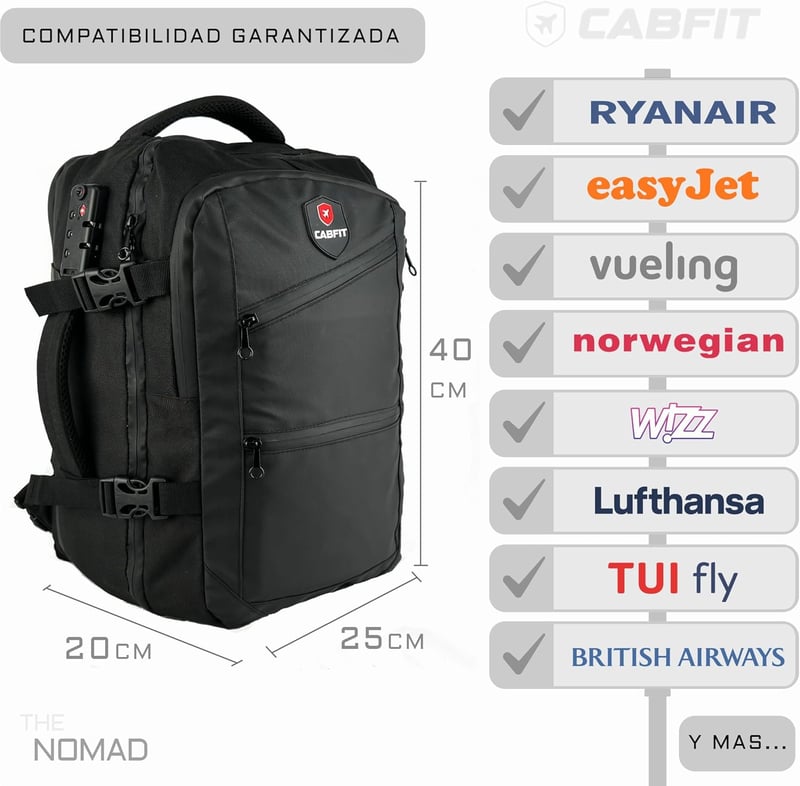 CabFit Nomad Utazási Hátizsák 40x20x25cm Ryanair Vueling Easyjet USB Port Vízálló