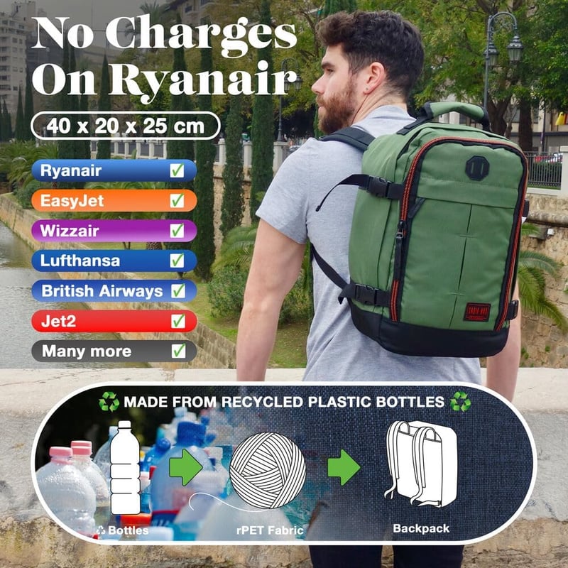 Cabin Max Metz Ryanair Kézipoggyász Hátizsák, 40x20x25 cm, Újrahasznosított RPET Anyagból, Repülőgép Fedélzeti Táska, Utazási Hátizsák