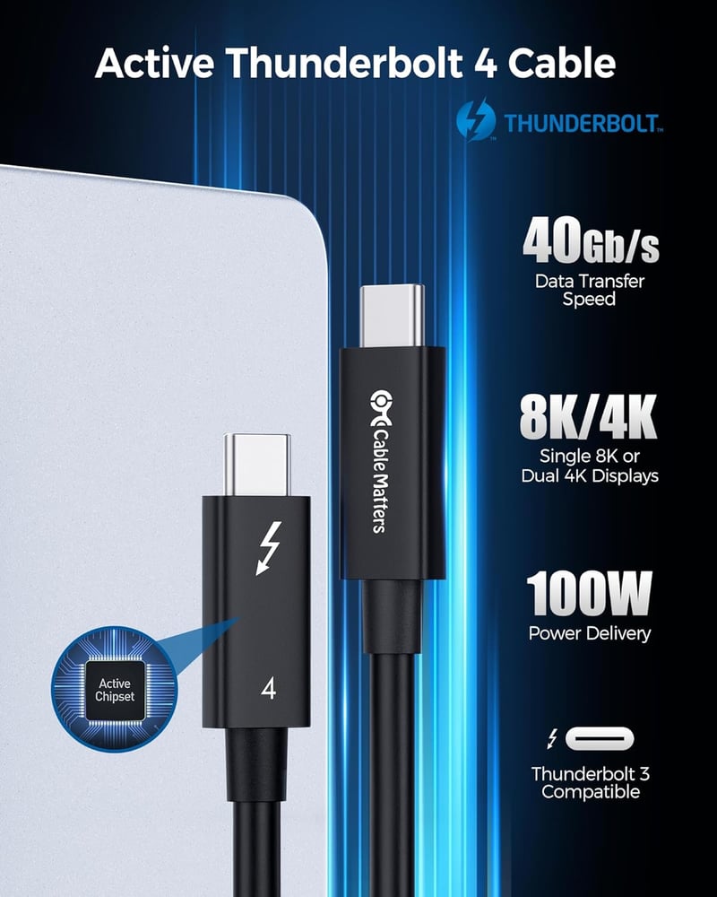 Cable Matters Thunderbolt 4 aktív kábel 2m, 40Gbps, 100W töltés, 8K videó