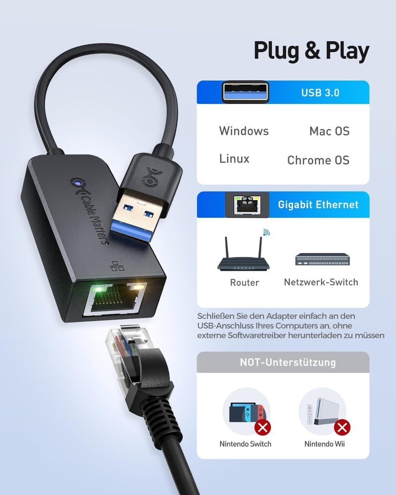 Cable Matters USB 3.0 - RJ45 Gigabit Ethernet Adapter 10/100/1000 Mbps Hálózati Konverter Fekete