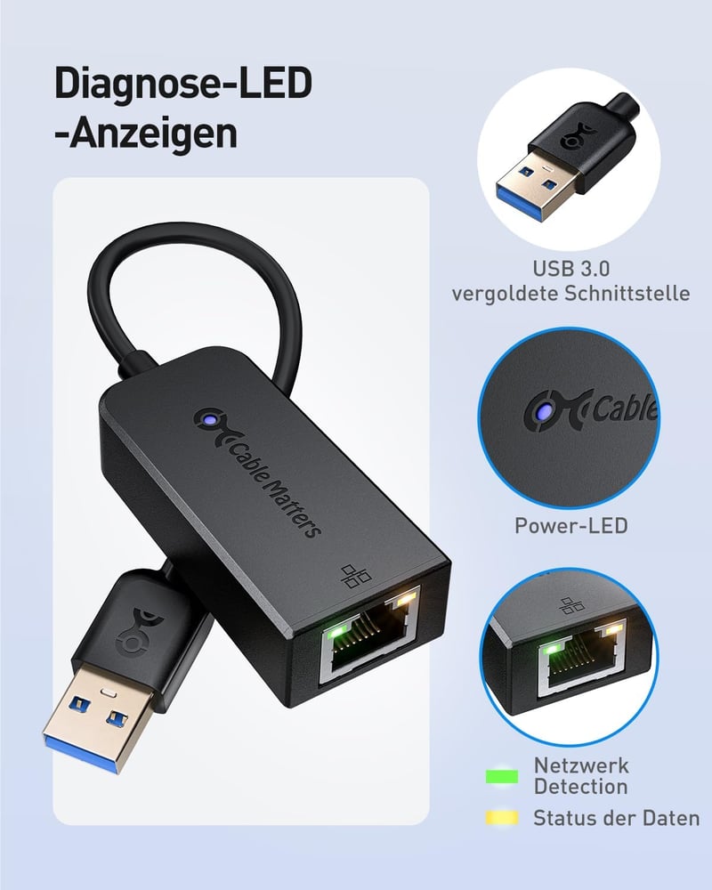 Cable Matters USB 3.0 - RJ45 Gigabit Ethernet Adapter 10/100/1000 Mbps Hálózati Konverter Fekete