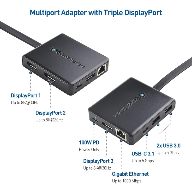 Docking station USB-C Cable Matters, hub cu 3 monitoare 4K, DisplayPort, Ethernet, 100W