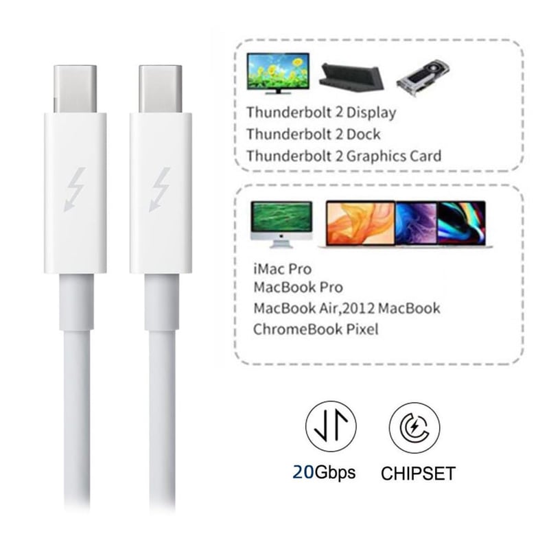Cablecc Thunderbolt Adatkábel MacBook 2013-2015 Modellekhez - 2m Fehér - 20Gbps Nagysebességű Videó/Adat Átvitel - iMac Kijelző Kompatibilis