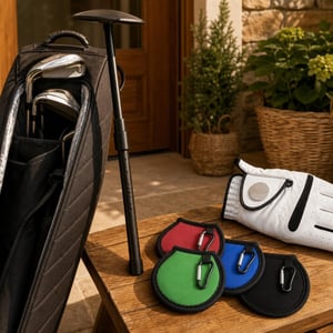 Golfový set na ihrisko: 4x čistiaca taštička na loptičky + teleskopická tyč + golfová rukavica