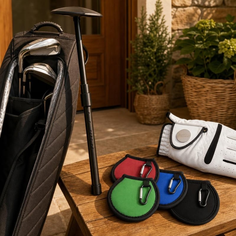 Golfový set na ihrisko: 4x čistiaca taštička na loptičky + teleskopická tyč + golfová rukavica