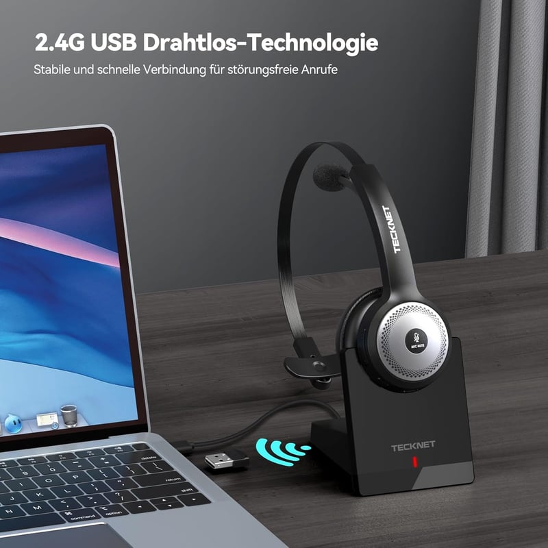 TECKNET Bluetooth Fejhallgató Mikrofonnal és USB Adapterrel - 45 Órás Üzemidő, 10m Hatótáv, AI Zajszűrés, Töltőállomás, Irodai Headset - 2-black, Bluetooth + USB dongle + charging station