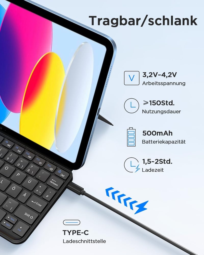 CACOE Bluetooth Billentyűzet Állvánnyal Tablethez, Hordozható Összecsukható