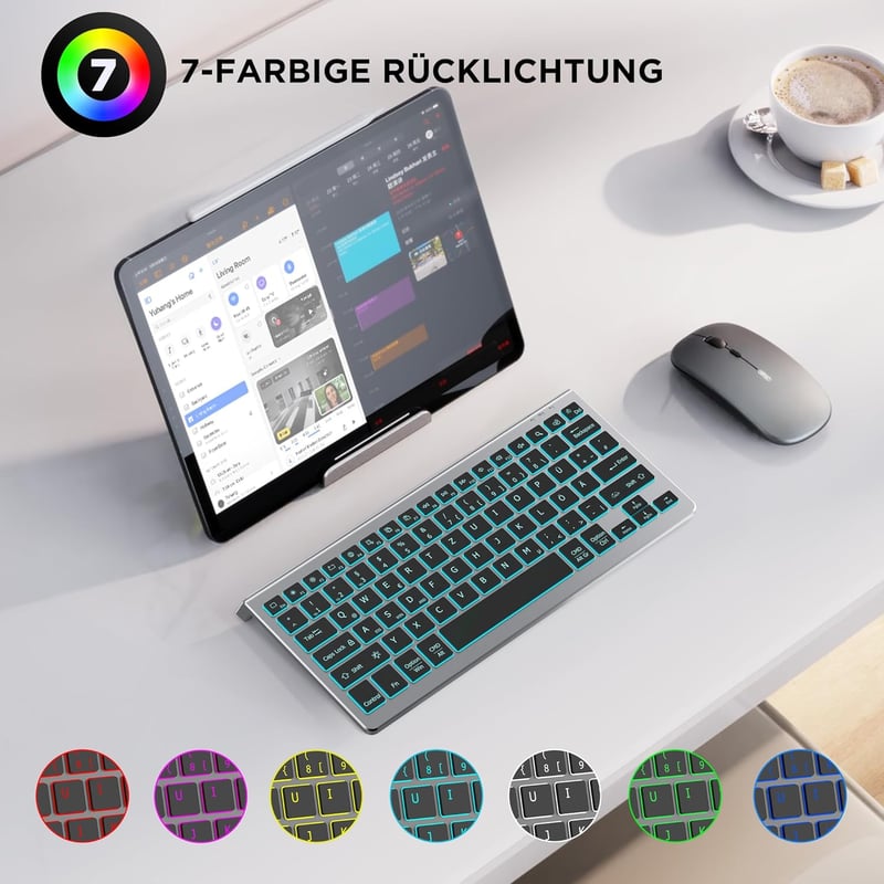 CACOE Bluetooth Billentyűzet iPad/Tablet/PC-hez, 7 Szín Háttérvilágítás, 3 Csatorna