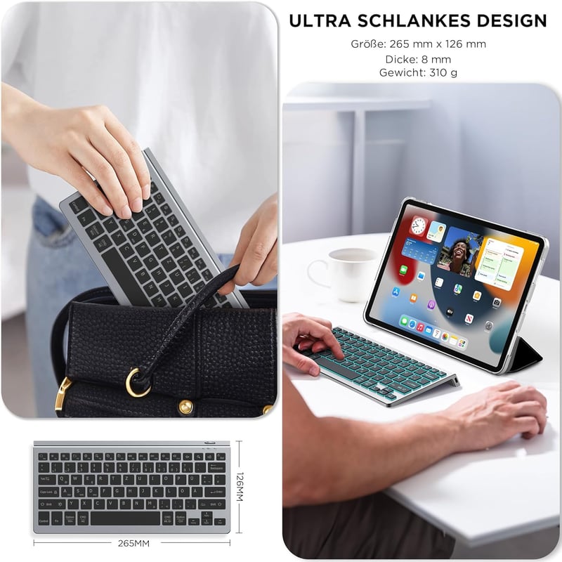 CACOE Bluetooth Billentyűzet iPad/Tablet/PC-hez, 7 Szín Háttérvilágítás, 3 Csatorna