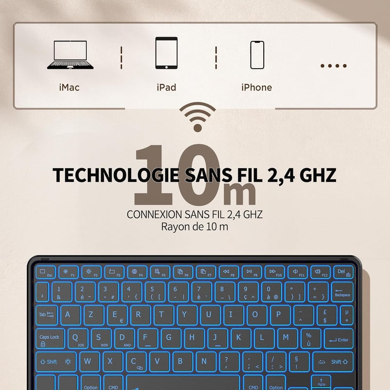 CACOE Bluetooth Billentyűzet Touchpad-dal, Vezeték Nélküli, 7 Szín Háttérvilágítás, Francia Billentyűzet, iOS Android Windows Tablet