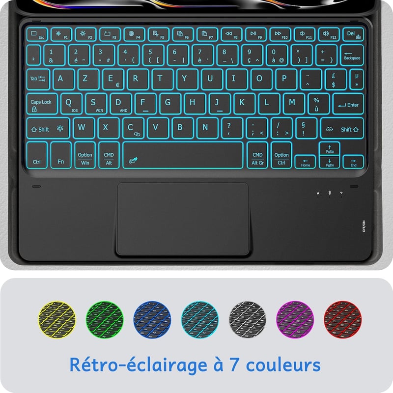CACOE Bluetooth Billentyűzet Touchpad-dal, Vezeték Nélküli, 7 Szín Háttérvilágítás, Francia Billentyűzet, iOS Android Windows Tablet